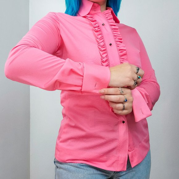 Vintage 1970s Pink Ruffled Tuxedo Blouse - Picture 2 of 10